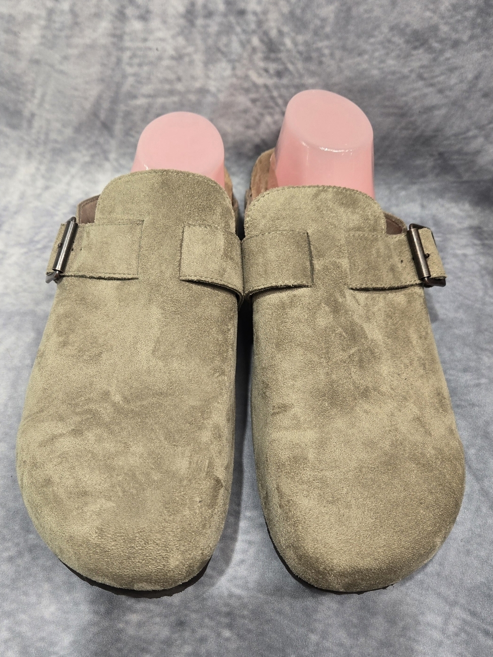 SM New York Taupe Suede Slip-On Loafers with Buckle Accent